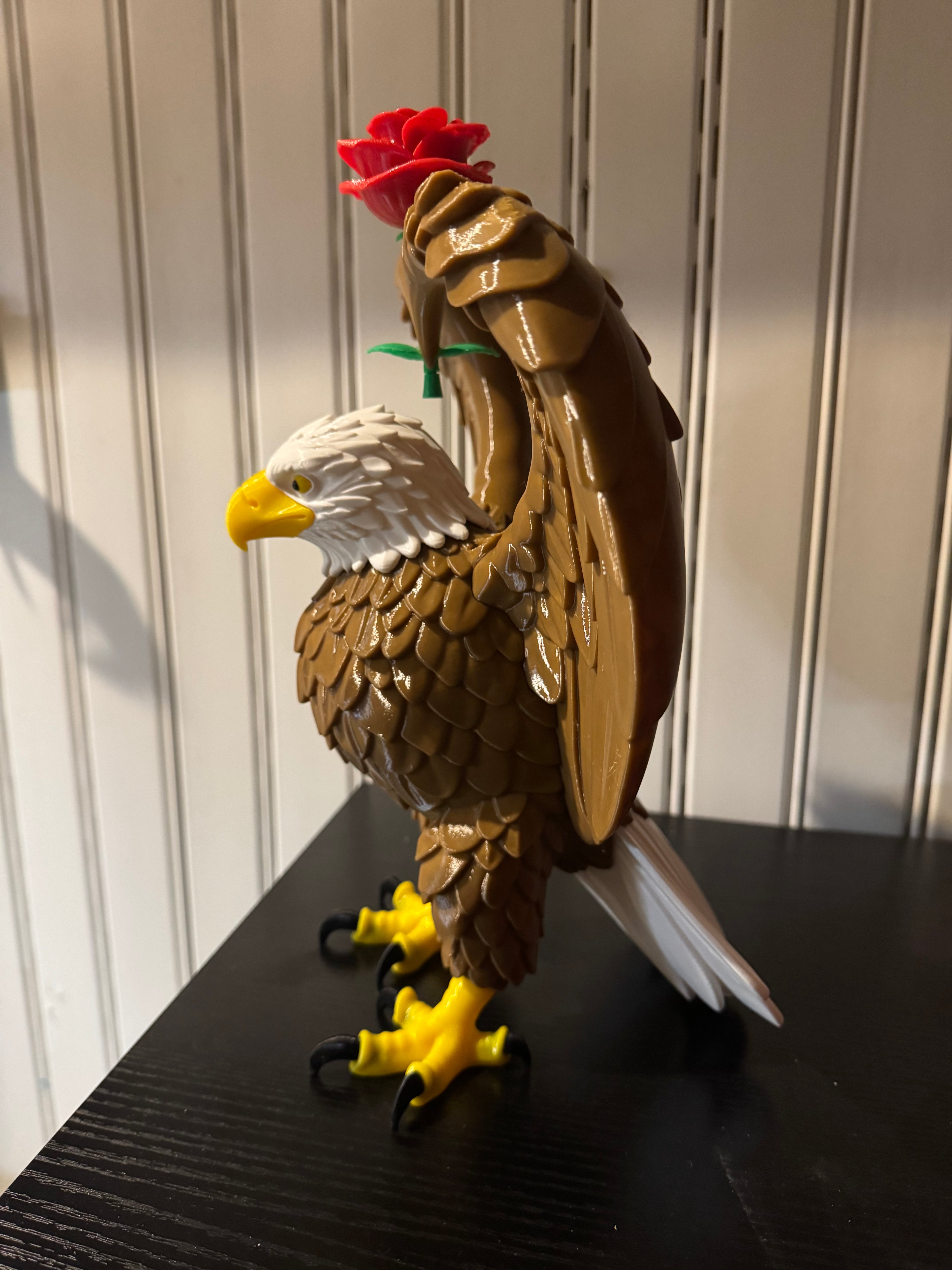3D Printed Bald Eagle with Rose Sculpture - Patriotic Romance Art