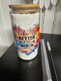 Life is Better at the Beach Glitter Tumbler - Double Walled Glass with Bamboo Lid