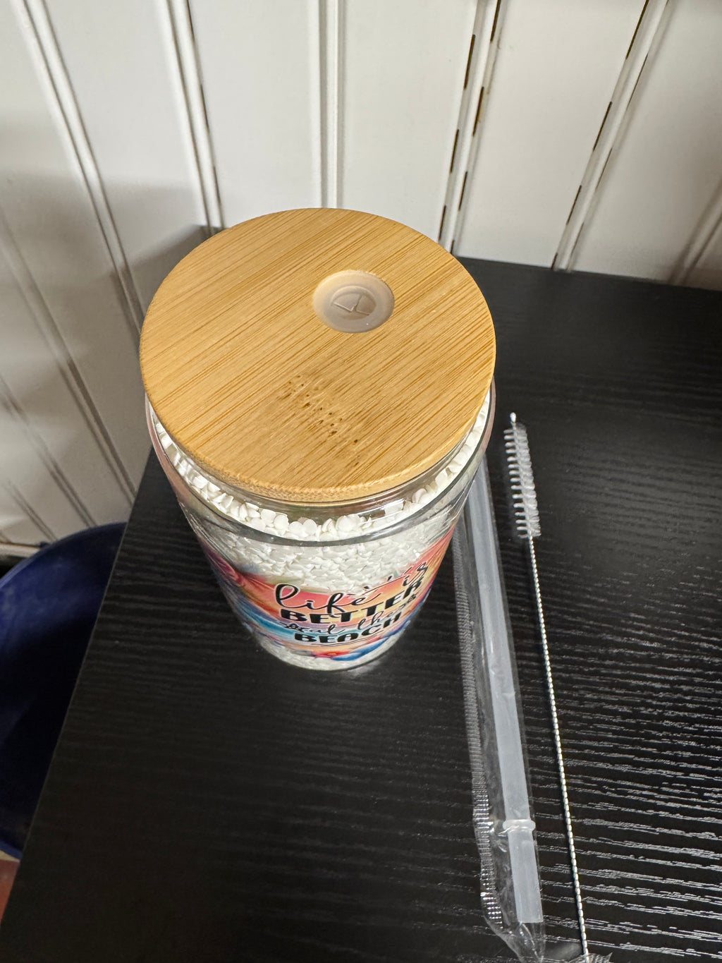 Life is Better at the Beach Glitter Tumbler - Double Walled Glass with Bamboo Lid