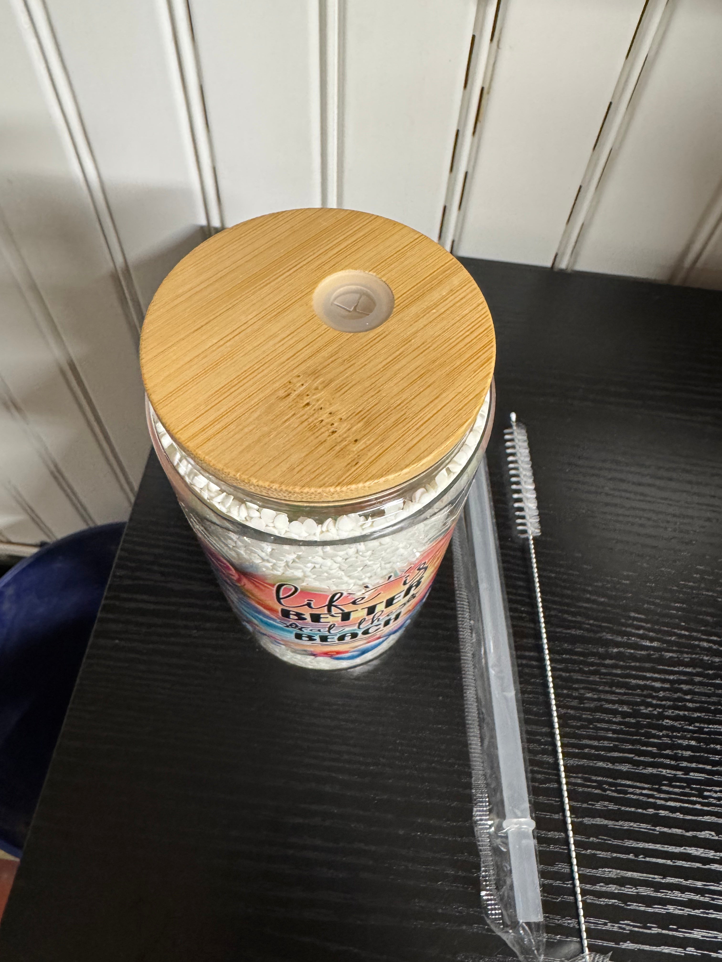 Life is Better at the Beach Glitter Tumbler - Double Walled Glass with Bamboo Lid