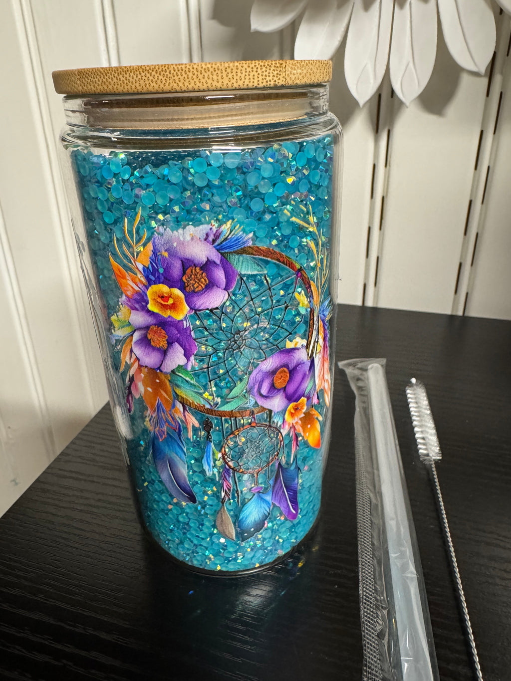 Handmade Dreamcatcher & Flowers Glitter Tumbler - Double Walled Glass with Bamboo Lid