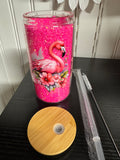 Handmade Flamingo & Flowers Glitter Tumbler - Double Walled Glass with Bamboo Lid