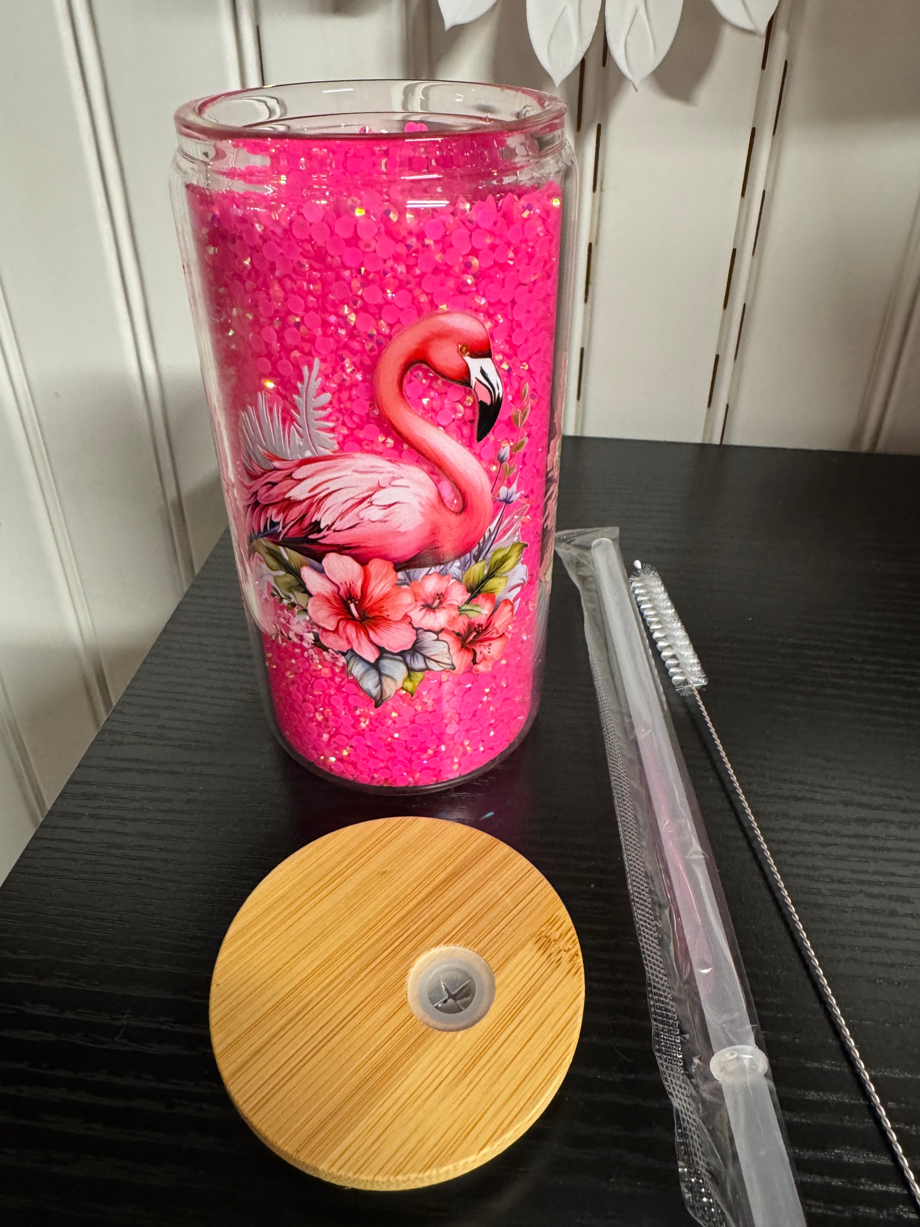 Handmade Flamingo & Flowers Glitter Tumbler - Double Walled Glass with Bamboo Lid