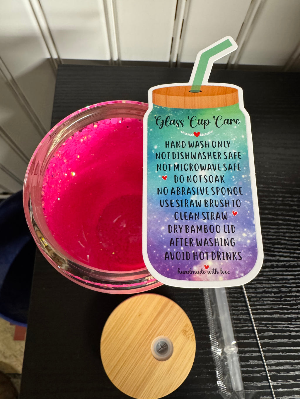 Handmade Flamingo & Flowers Glitter Tumbler - Double Walled Glass with Bamboo Lid