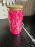 Handmade Cat Mom Glitter Tumbler - Double Walled Glass with Bamboo Lid