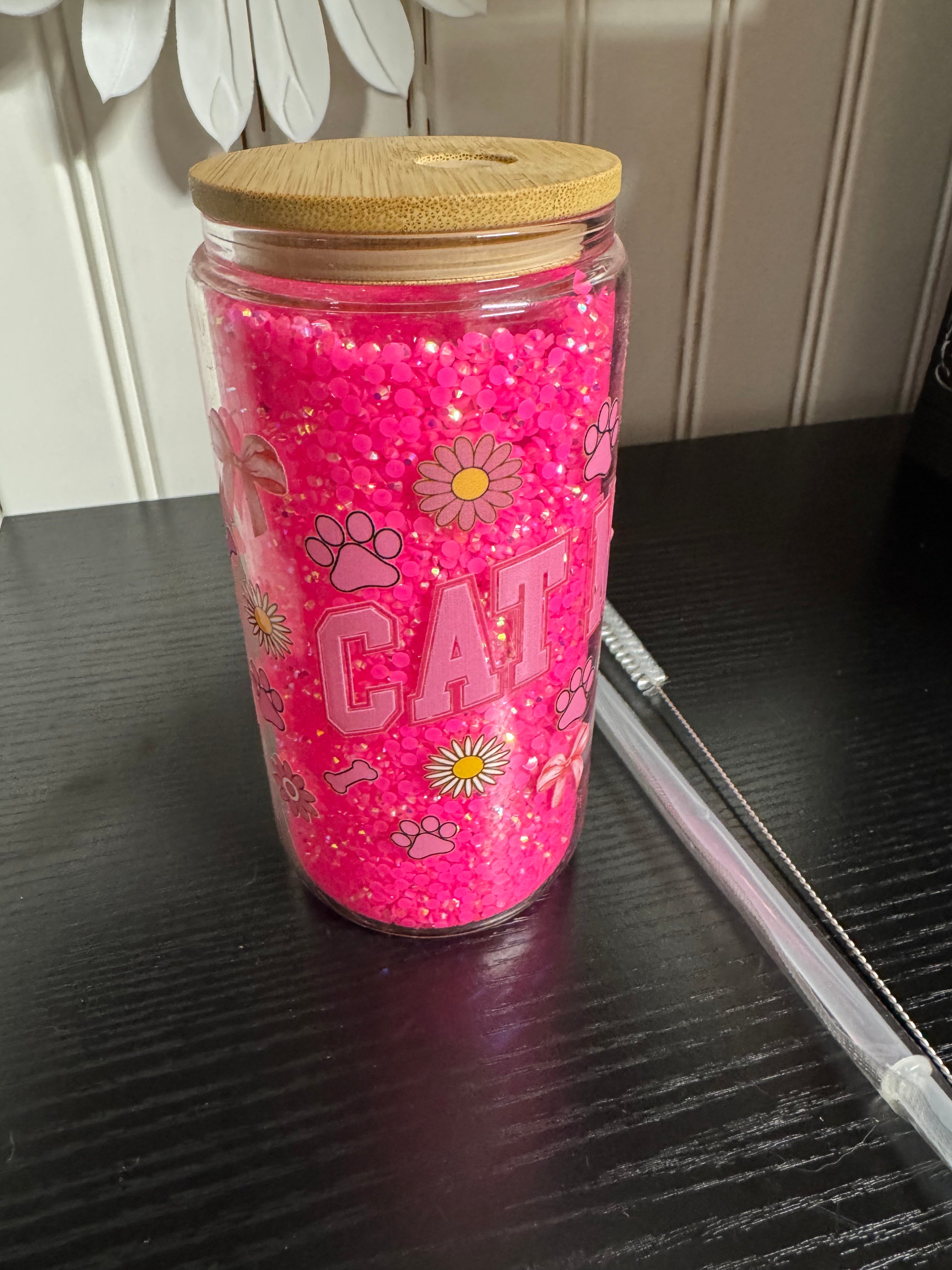Handmade Cat Mom Glitter Tumbler - Double Walled Glass with Bamboo Lid