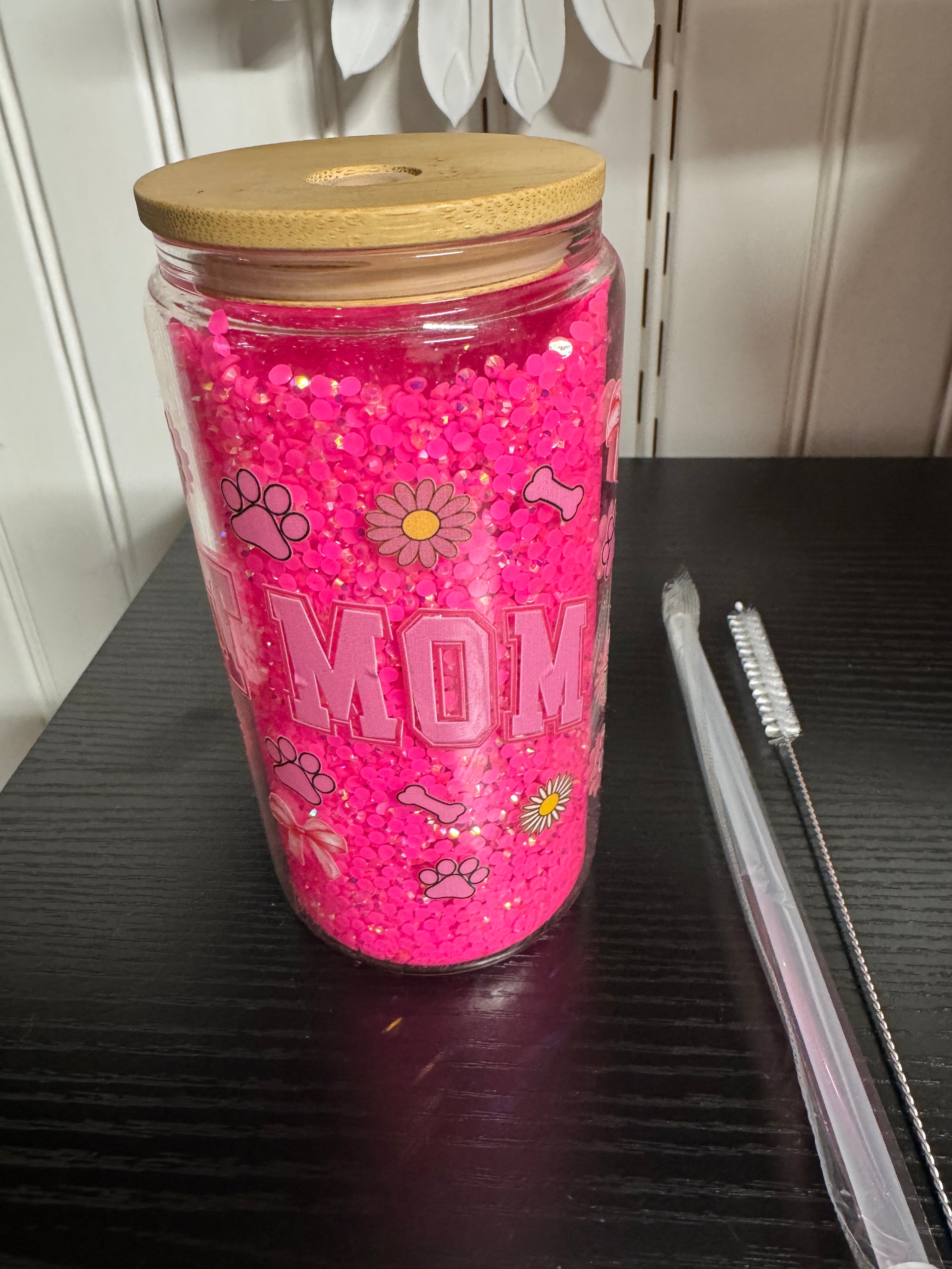 Handmade Cat Mom Glitter Tumbler - Double Walled Glass with Bamboo Lid