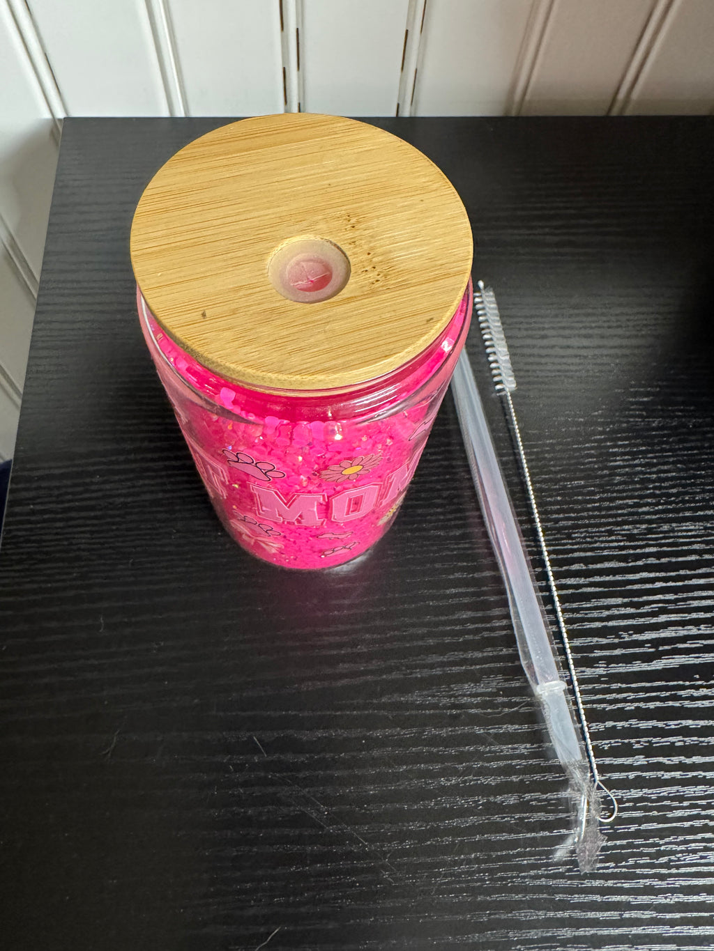 Handmade Cat Mom Glitter Tumbler - Double Walled Glass with Bamboo Lid
