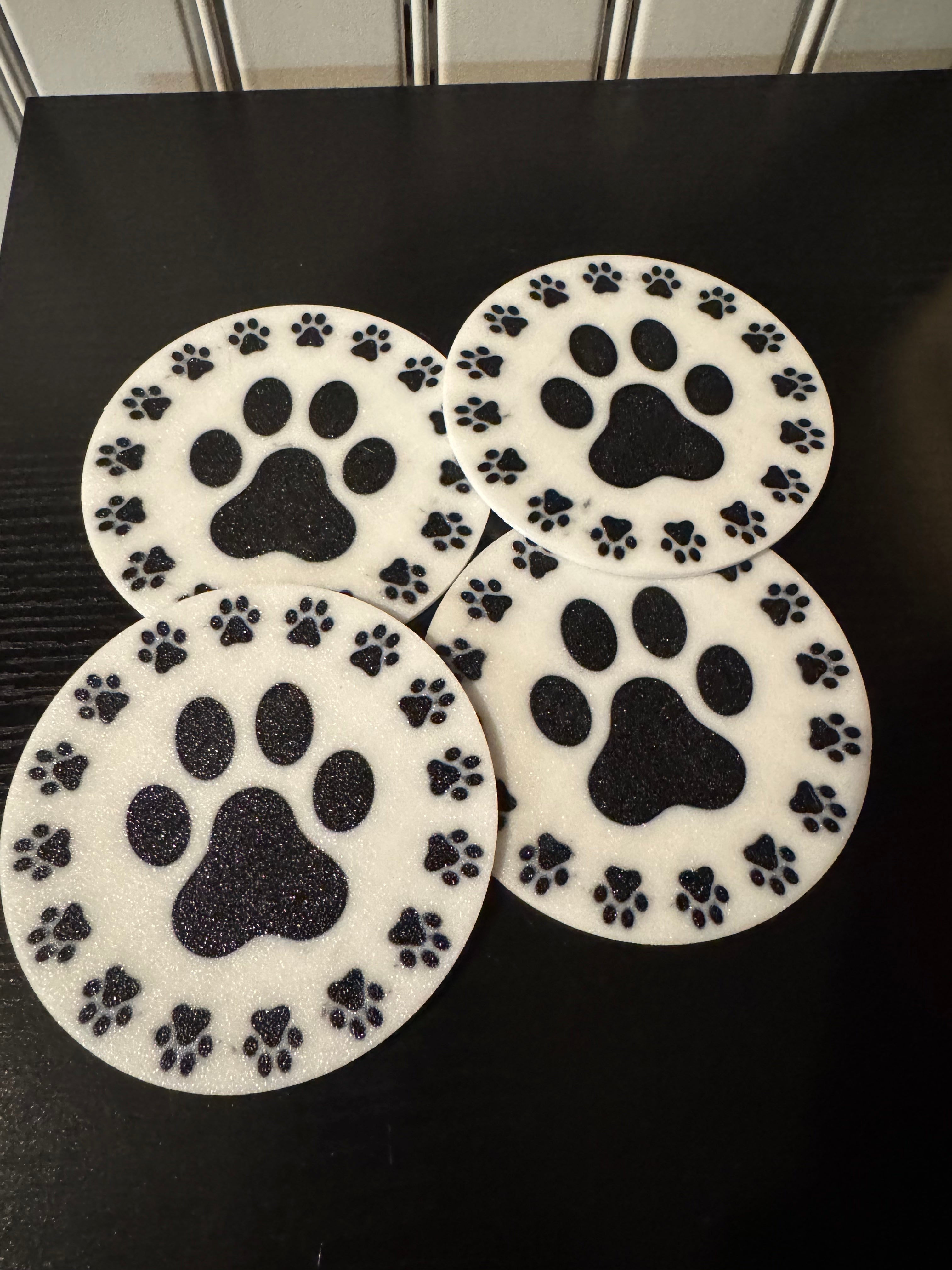 3D Printed Round Paw Print Coaster Set with Holder - Multiple Colors (Set of 4)
