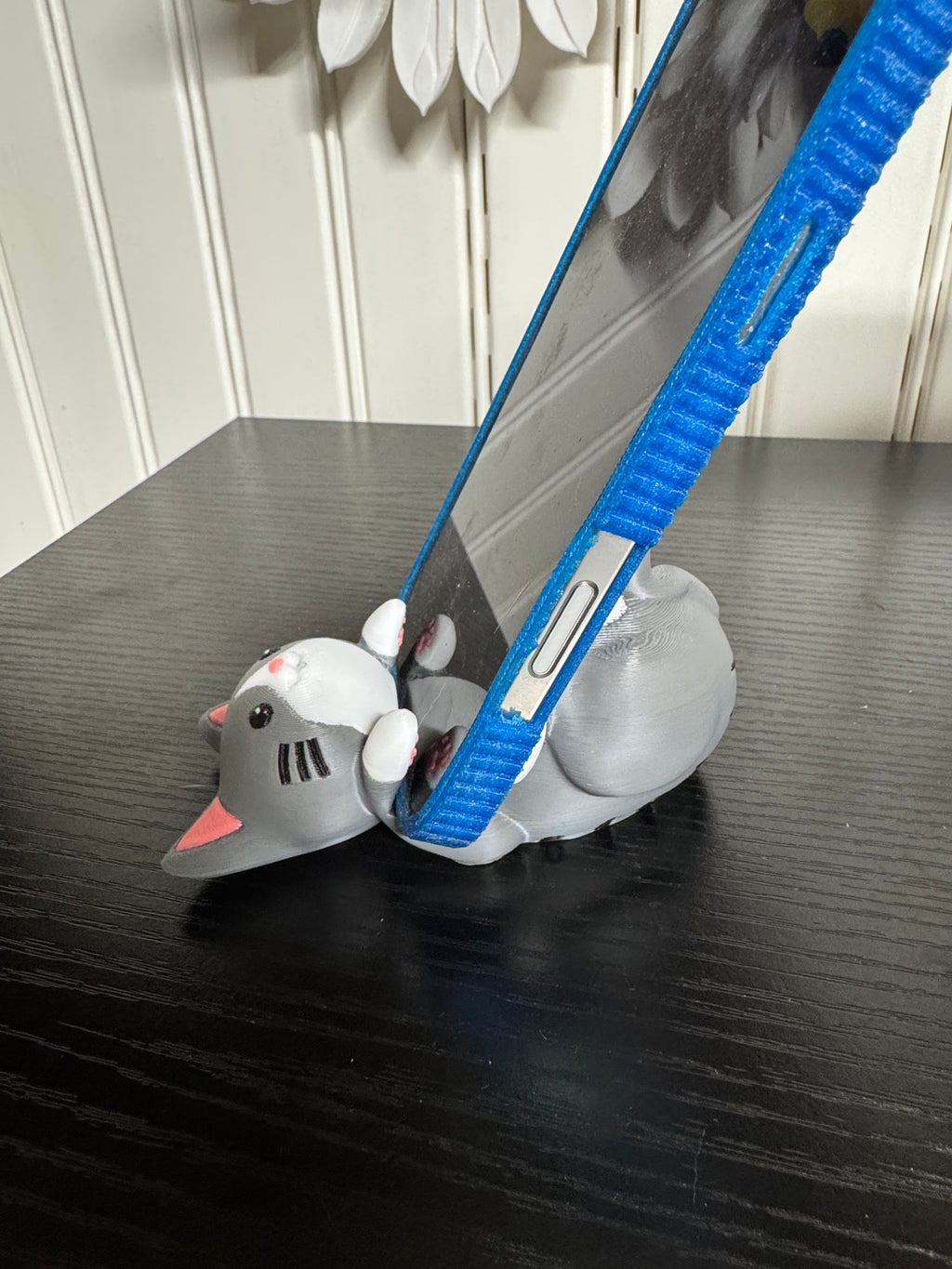 3D Printed Cat Phone Holder - Playful Kitty on Her Back Desk Stand