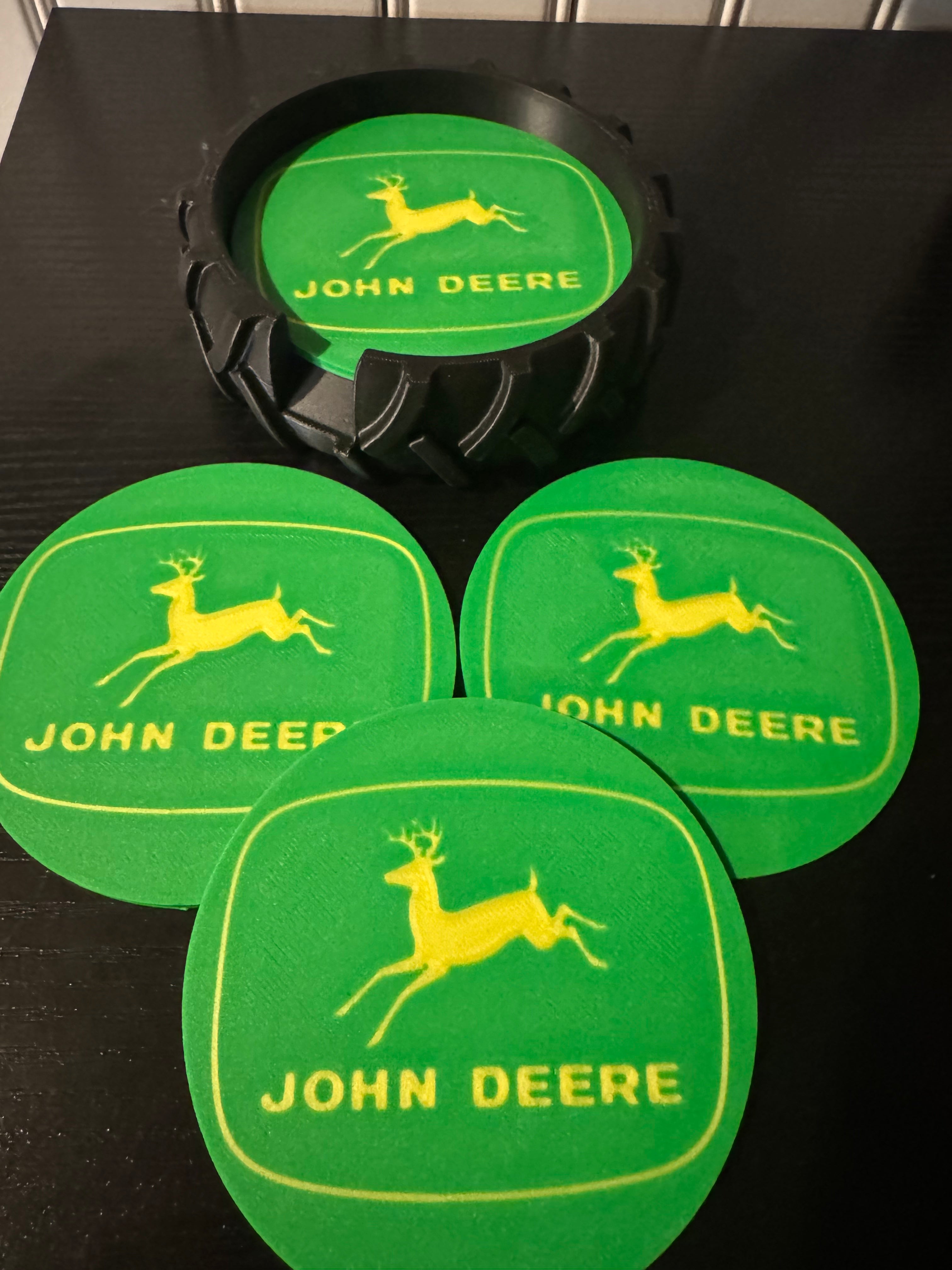 John Deere 3D Printed Coaster Set with Tractor Tire Holder (Set of 4)