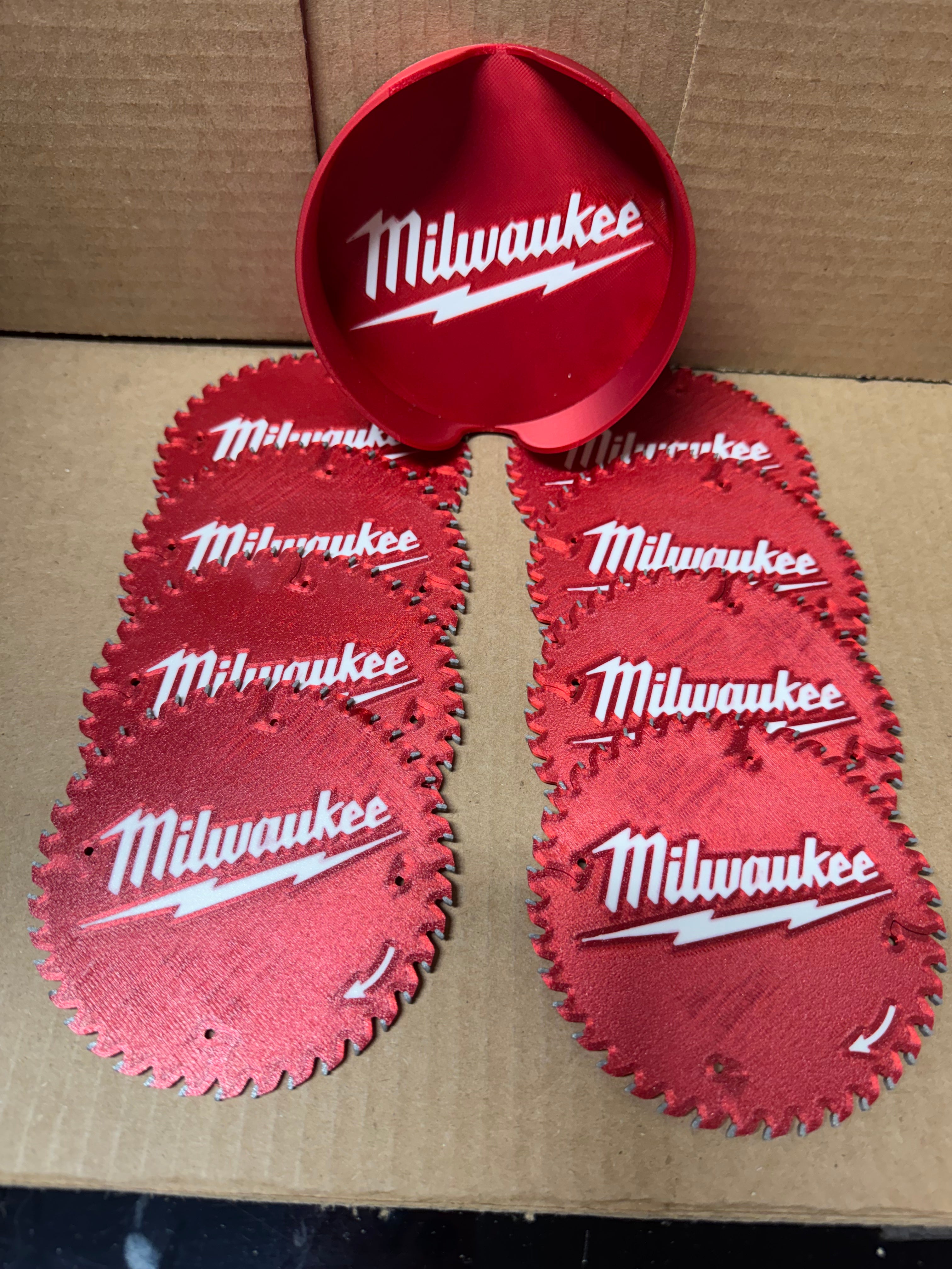 3D Printed Milwaukee Saw Blade Coasters – Set of 8 with Holder | Silk PLA